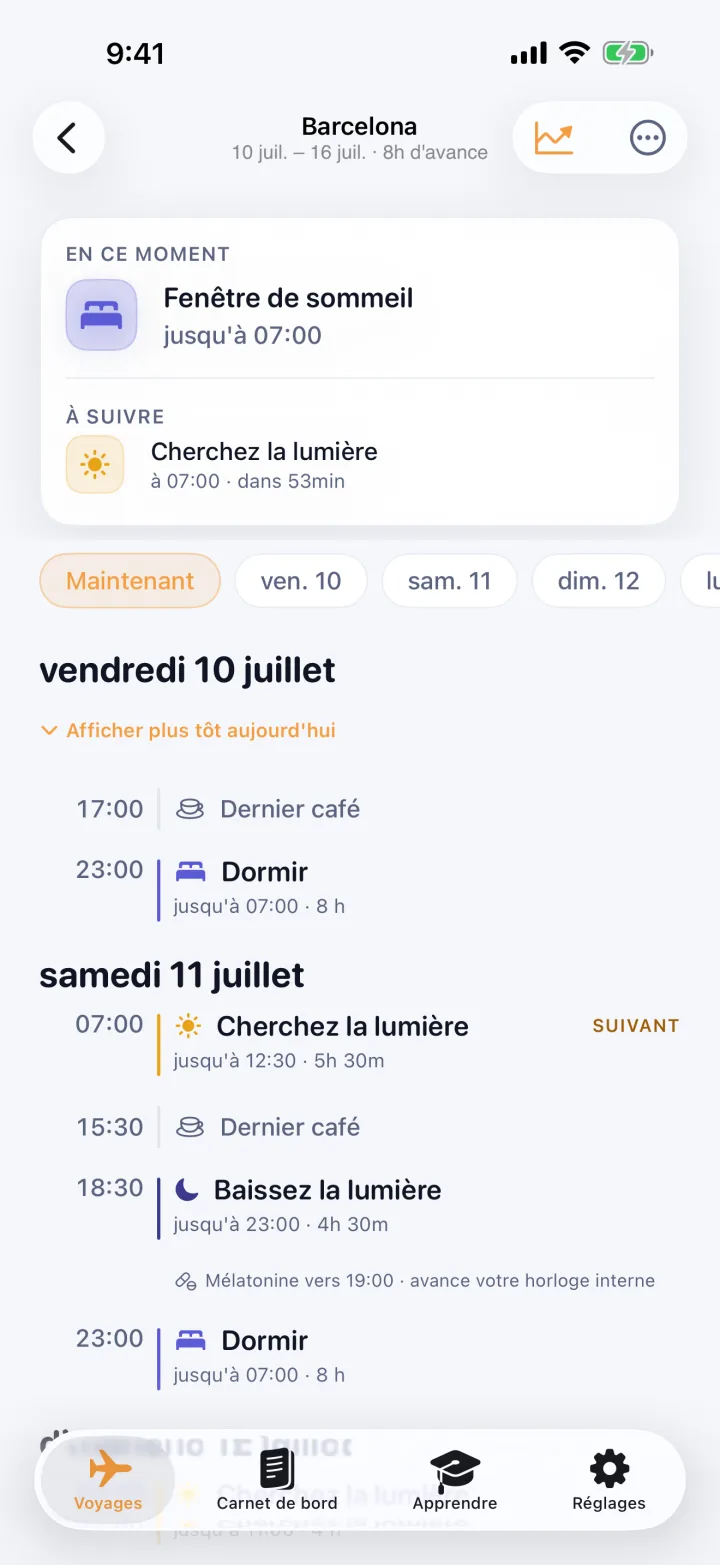 L'écran maintenant et ensuite : une carte Maintenant indiquant une fenêtre de sommeil jusqu'à 7 h, une carte Ensuite indiquant de chercher la lumière à 7 h, et le plan jour par jour en dessous.